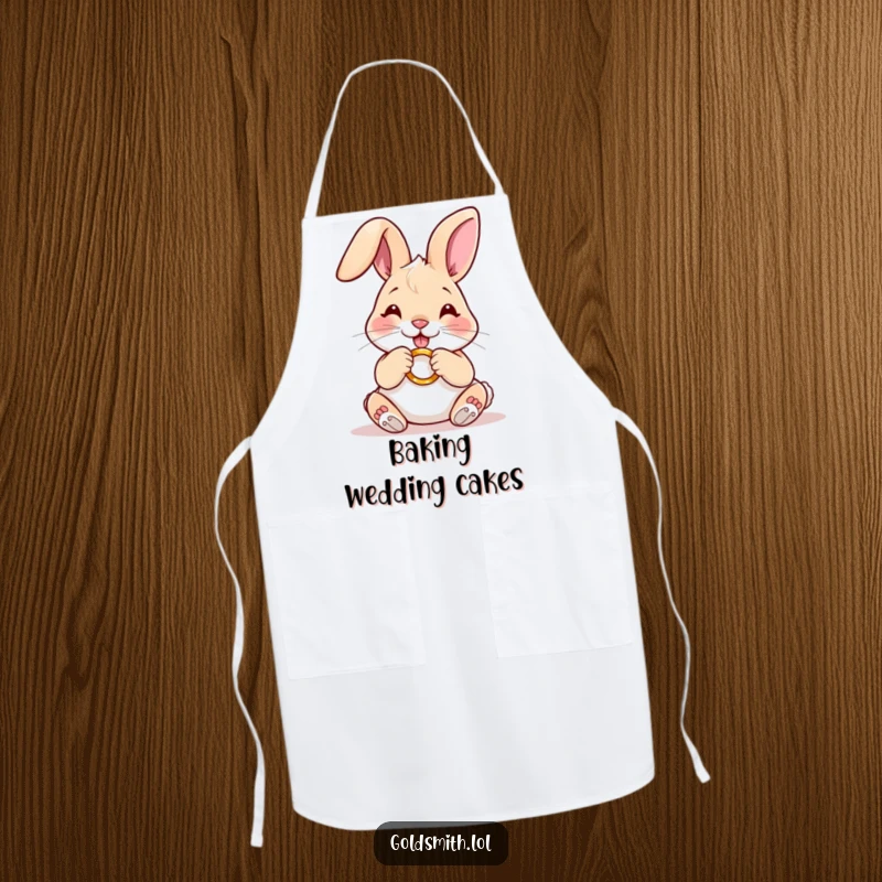 Funny apron with a happy rabbit carefully polishing a miniature golden ring, ideal for a meticulous cook with a love for details.