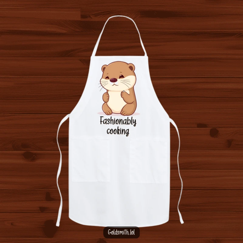 Funny apron with a playful otter admiring a tiny, sparkling brooch, ideal for a stylish and organized cook with a love for details.