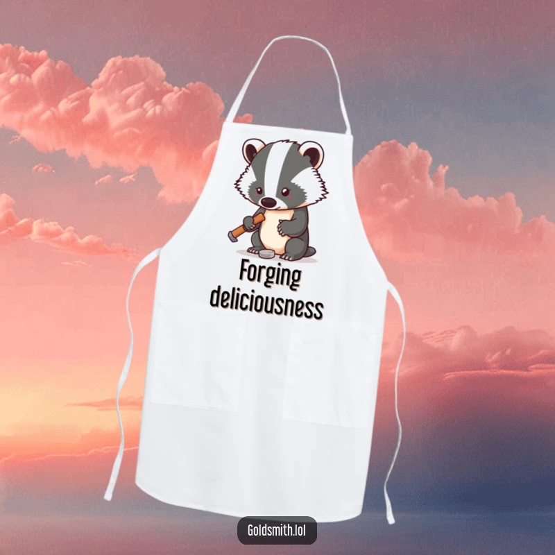 Funny apron with a determined badger using a small hammer on a tiny metal piece, ideal for a focused and humorous cook.