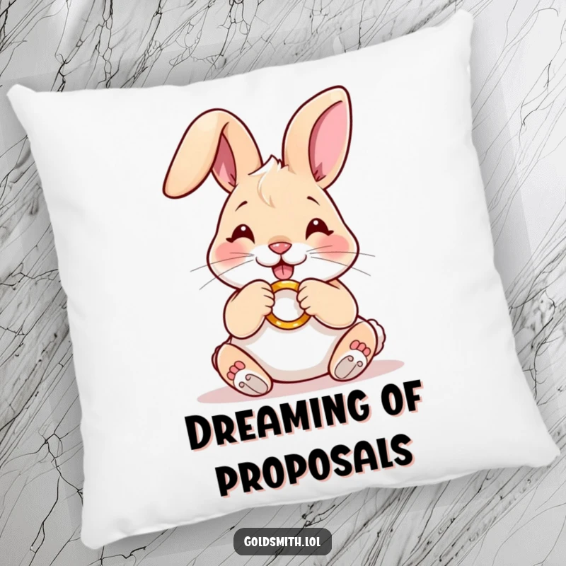 Funny pillow showing a happy rabbit carefully polishing a miniature golden ring, providing comfort and cute, meticulous charm.
