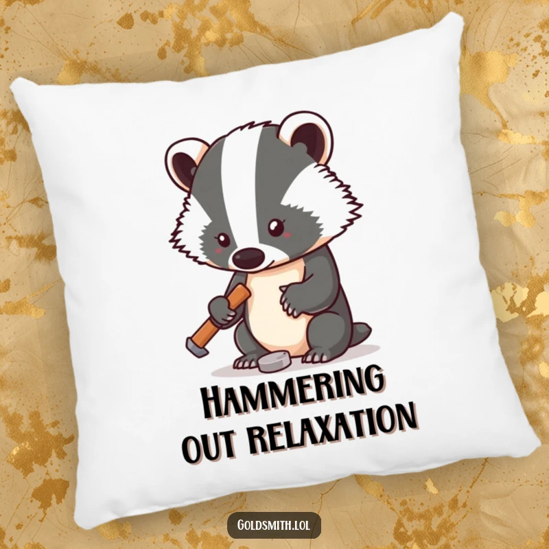 Funny pillow showcasing a determined badger with a small hammer, working on a tiny metal object, providing comfort and humor.