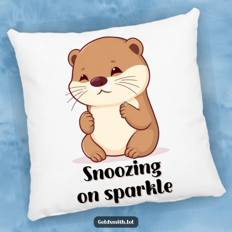 Funny pillow showing a playful otter admiring a tiny, sparkling brooch, providing comfort and cute, glamorous charm.