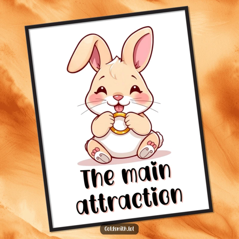 Funny digital art print of a happy rabbit carefully polishing a miniature golden ring, bringing charm and appreciation for detail to digital spaces.