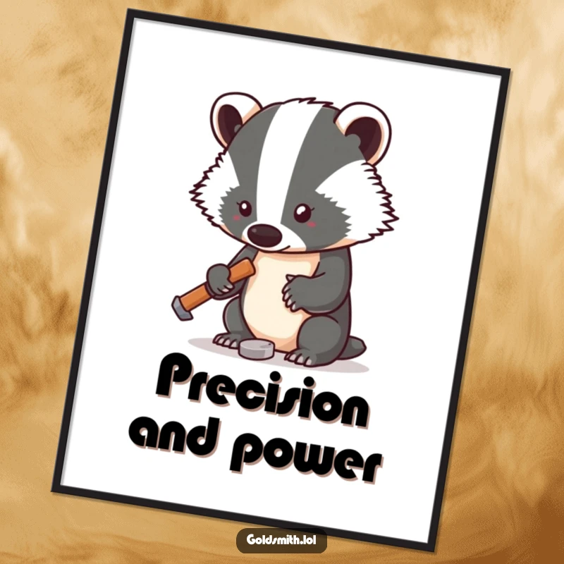 Funny digital art print of a badger with a small hammer, focused on tapping a tiny metal piece, conveying dedication and amusement.