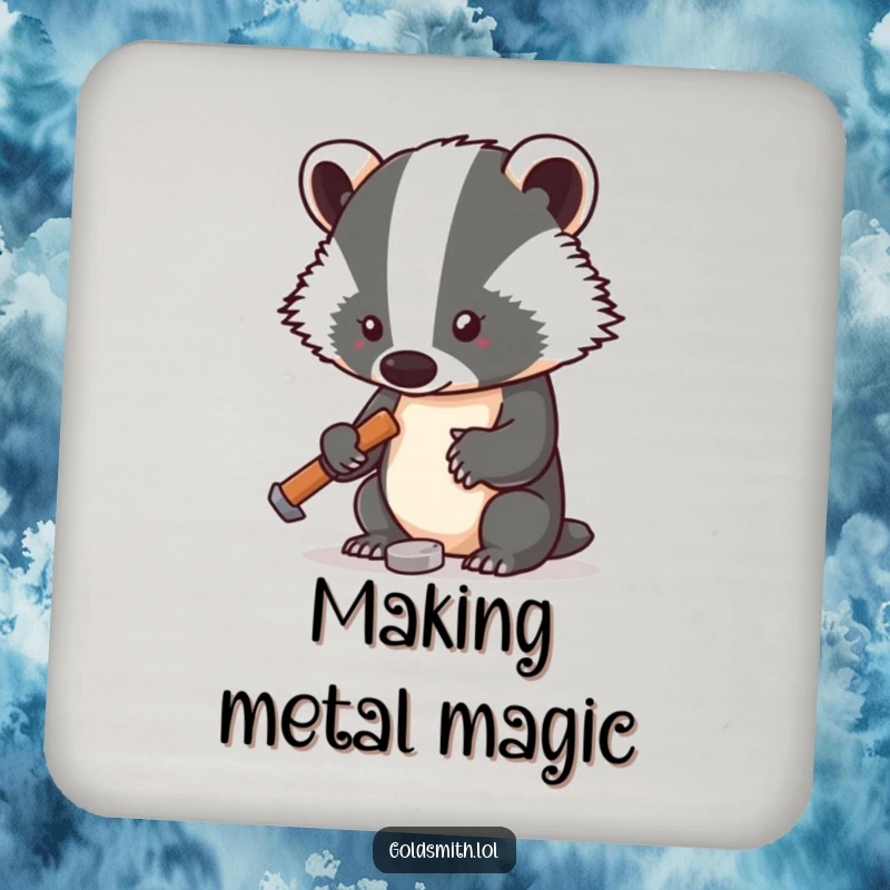 Funny coaster featuring a badger with a small hammer, gently tapping a tiny metal piece, offering surface protection with humor.