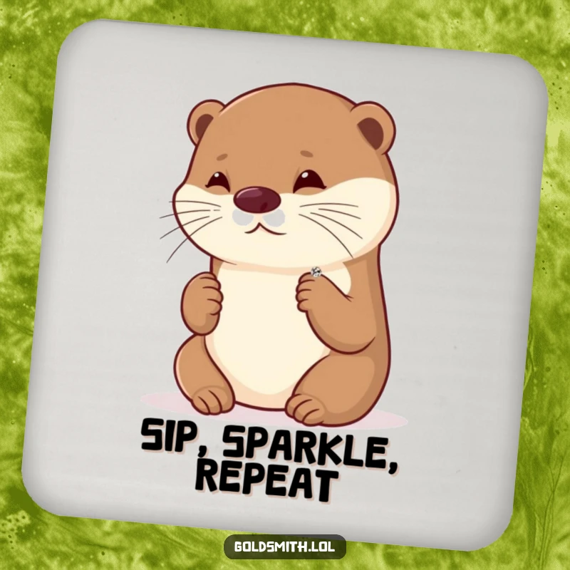 Funny coaster featuring a playful otter admiring a tiny, sparkling brooch, offering surface protection with cute and elegant humor.