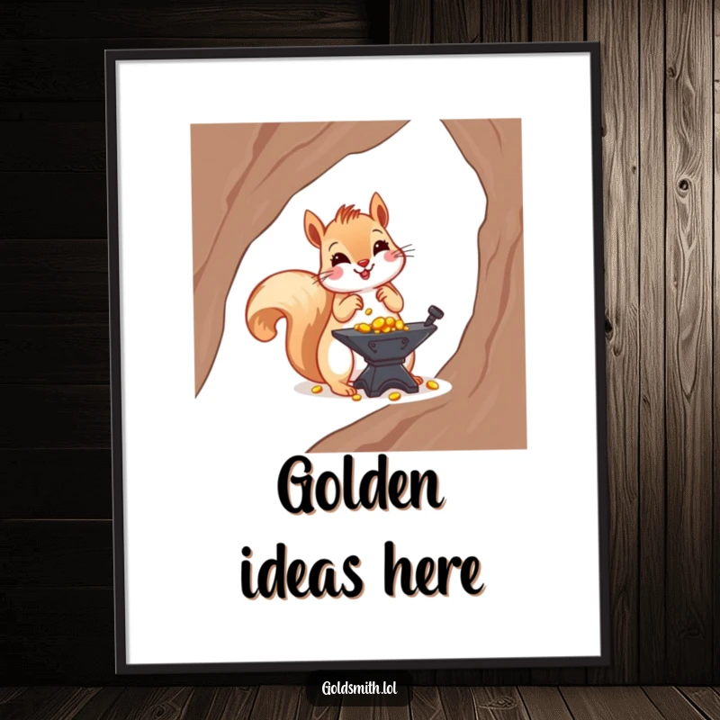 Funny poster of a cheerful squirrel meticulously arranging tiny gold nuggets on a miniature anvil, symbolizing wealth and investment humor.