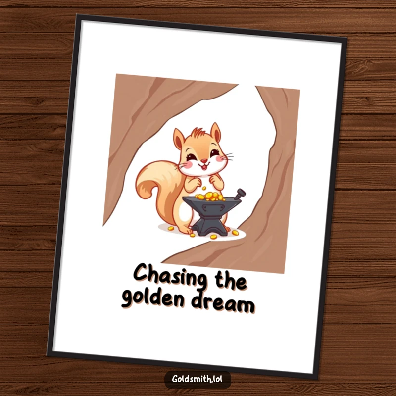 Funny free printable wall art of a cheerful squirrel meticulously arranging tiny gold nuggets on a miniature anvil.