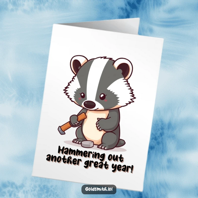 Funny free printable birthday card featuring a determined badger with a tiny hammer, crafting a special birthday surprise.