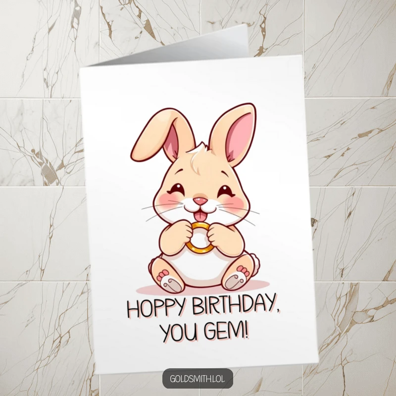 Funny free printable birthday card showing a happy rabbit carefully polishing a miniature golden ring.