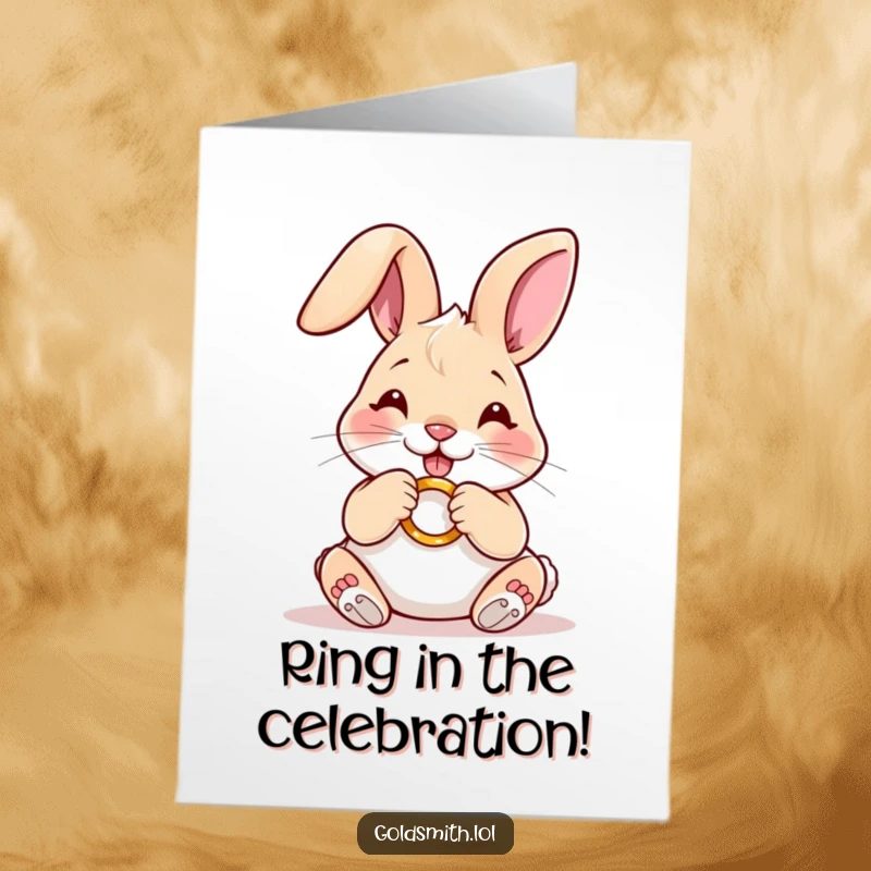 Funny free printable congratulations card featuring a happy rabbit meticulously polishing a tiny gold ring.