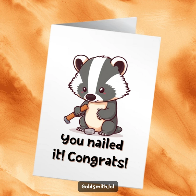 Funny free printable congratulations card showing a badger diligently working on a tiny metal project.