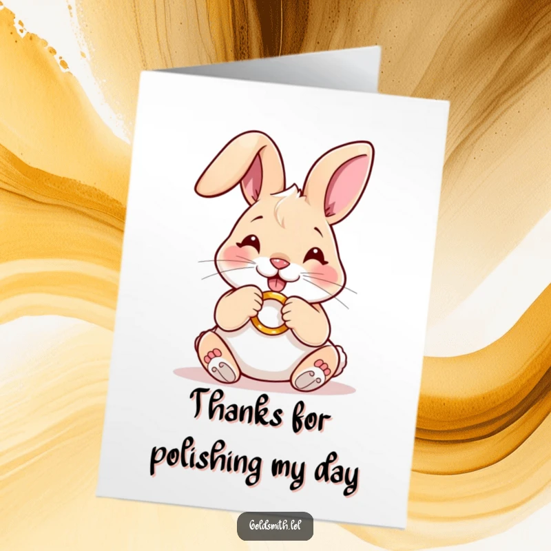 Funny free printable thank you card with a happy rabbit carefully buffing a miniature golden ring.
