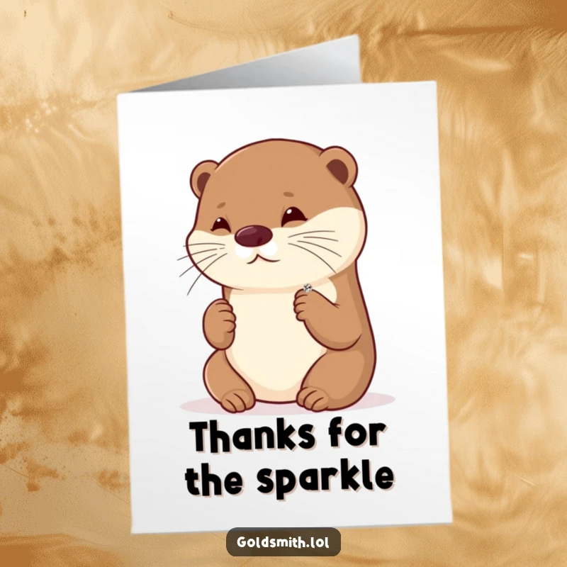 Funny free printable thank you card with a playful otter admiring a tiny, glittering brooch.