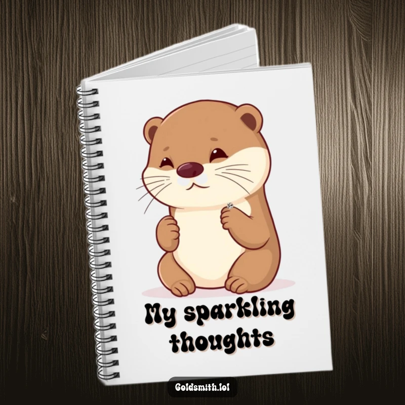 Funny notebook with a playful otter admiring a tiny, sparkling brooch, ideal for jotting down creative ideas and fashion notes.