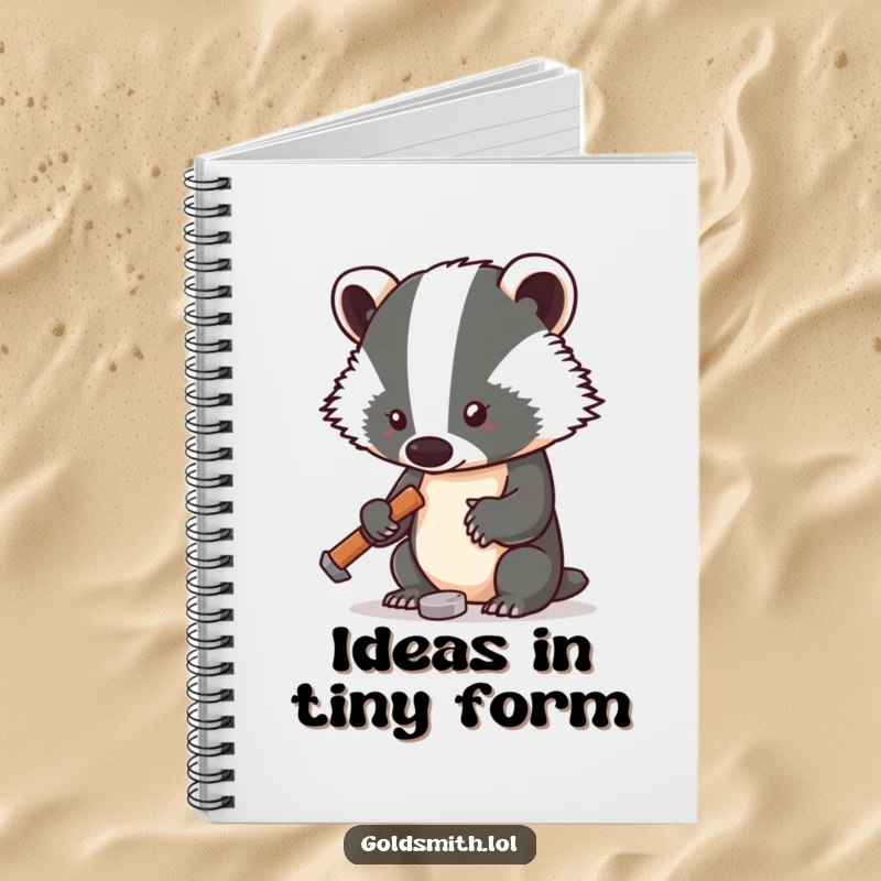 Funny notebook featuring a determined badger with a small hammer tapping metal, inspiring focused writing and creative note-taking.