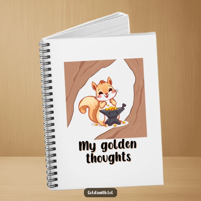 Funny notebook with a cheerful squirrel arranging tiny gold nuggets on a small anvil, ideal for planning investments and jotting ideas.