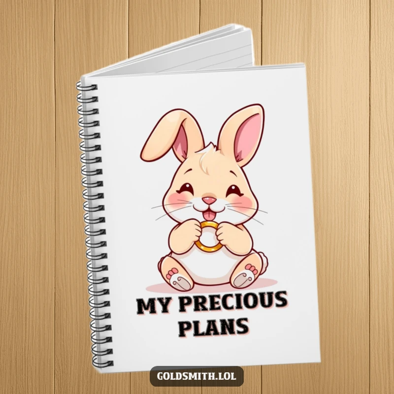 Funny notebook with a happy rabbit carefully polishing a miniature golden ring, ideal for jotting down plans and detailed notes.