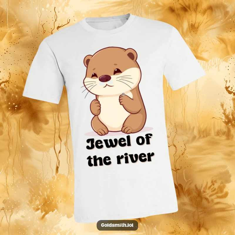 Funny t-shirt with a playful otter looking with admiration at a tiny, sparkling brooch, expressing delight and appreciation for adornments.