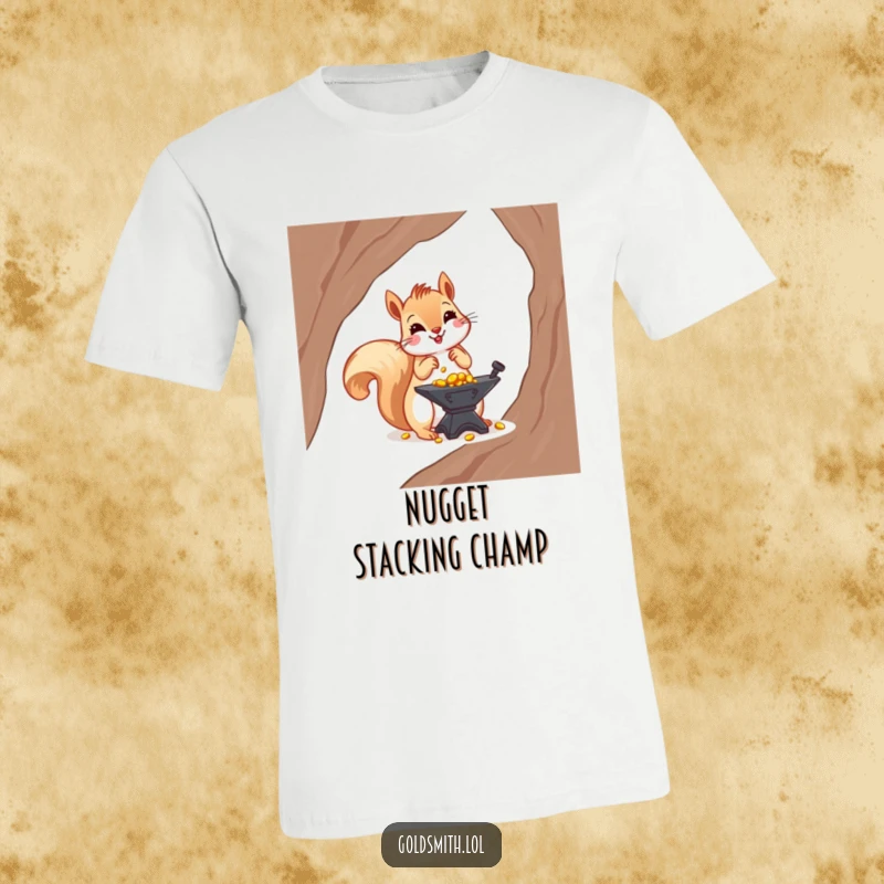 Funny t-shirt depicting a cheerful squirrel carefully placing tiny gold nuggets on a small anvil, highlighting industriousness and wealth accumulation.