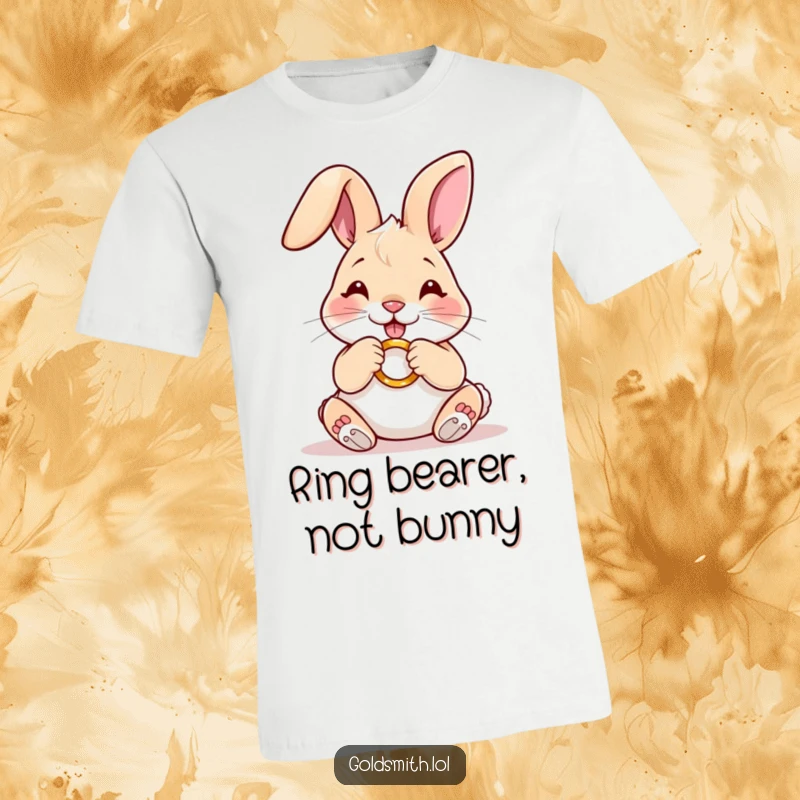 Funny t-shirt with a happy rabbit meticulously polishing a miniature golden ring, highlighting precision and care in craftsmanship.