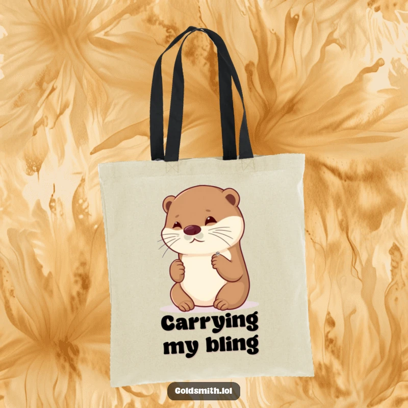 Funny tote bag with a playful otter admiring a tiny, sparkling brooch, perfect for carrying treasures and spreading cute charm.